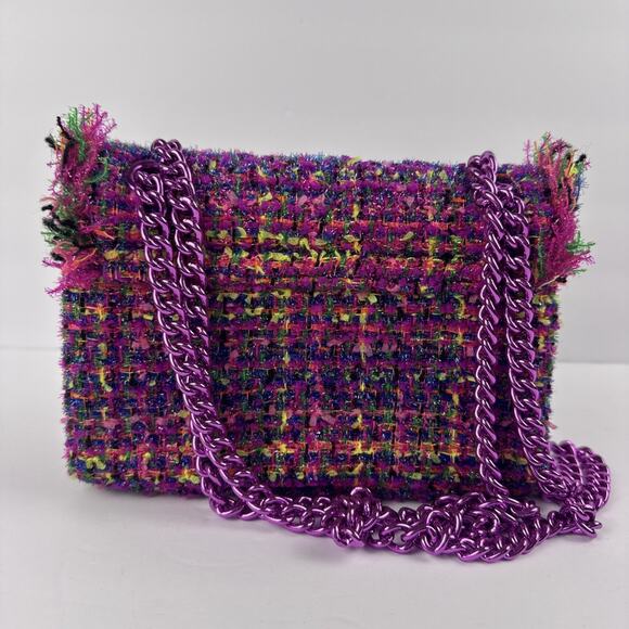 Kurt Geiger London Mini Kensington Bouclé Tweed Bag Purple Eagle Head Chain - Picture 7 of 12